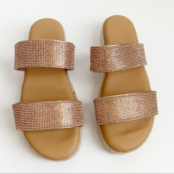 Bamboo Rose Gold Rhinestone Espadrille Slide, Double Strap, Size 8 1/2 - Picture 2 of 6